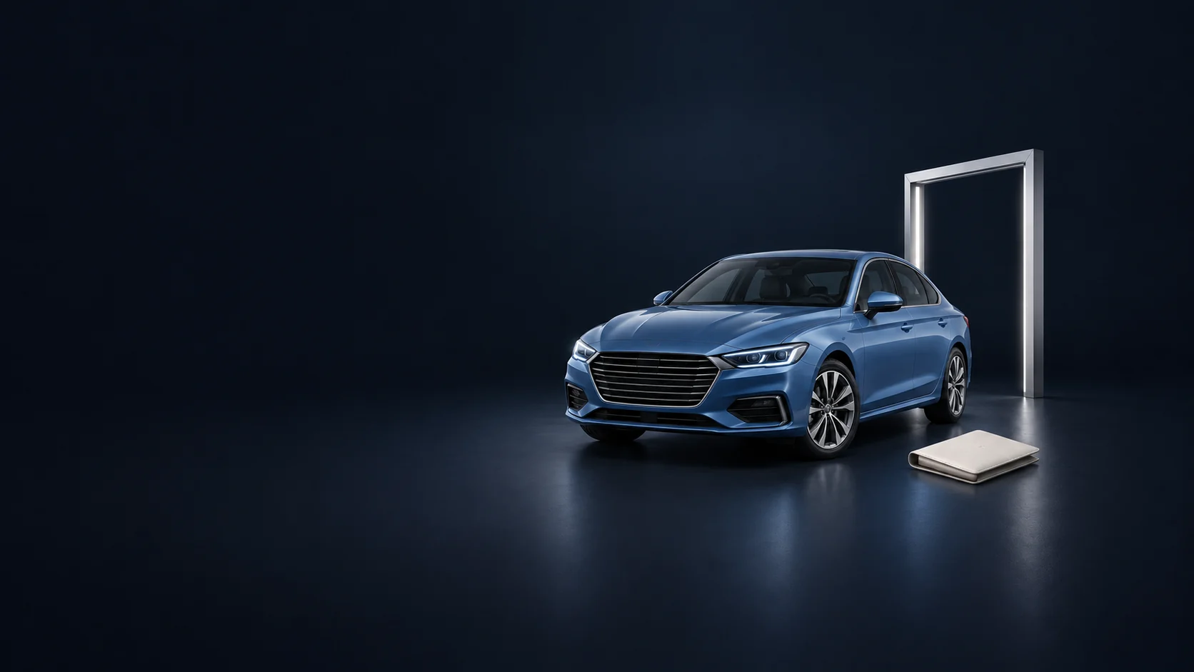 A blue sedan with a closed folio and a freestanding showroom doorway. - Automobile Sales Dealerships Meta ads research by Madgicx Labs