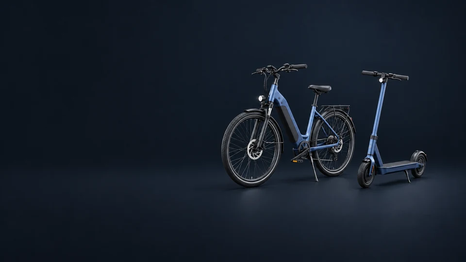 An electric bicycle with pedals and a standing electric kick scooter. - Vehicle Sales & Transportation Products Meta ads research index