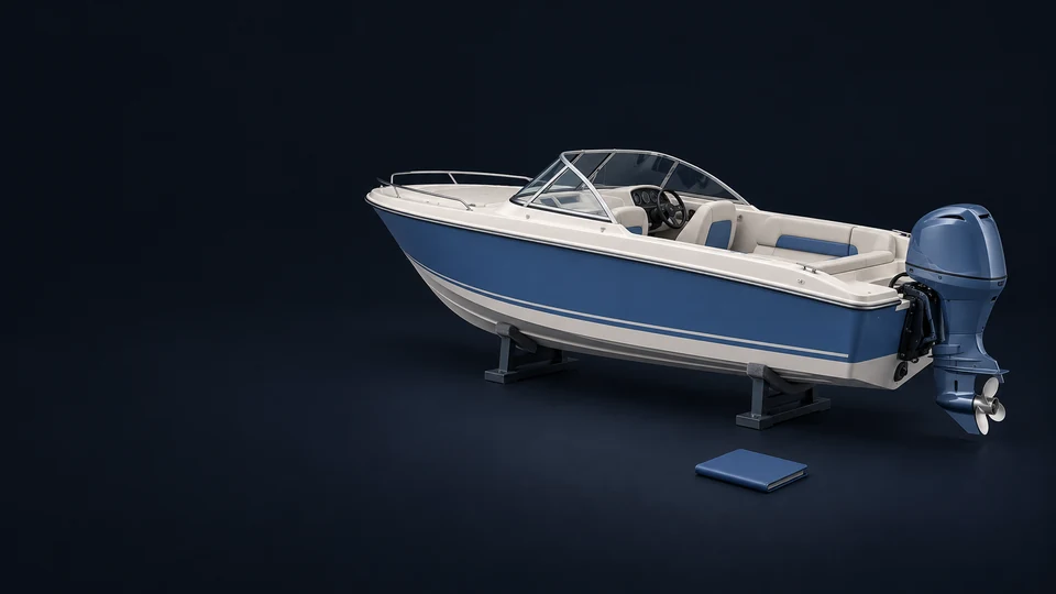 A blue-and-ivory runabout with an outboard motor on dry display saddles and a plain folio. - Vehicle Sales & Transportation Products Meta ads research index