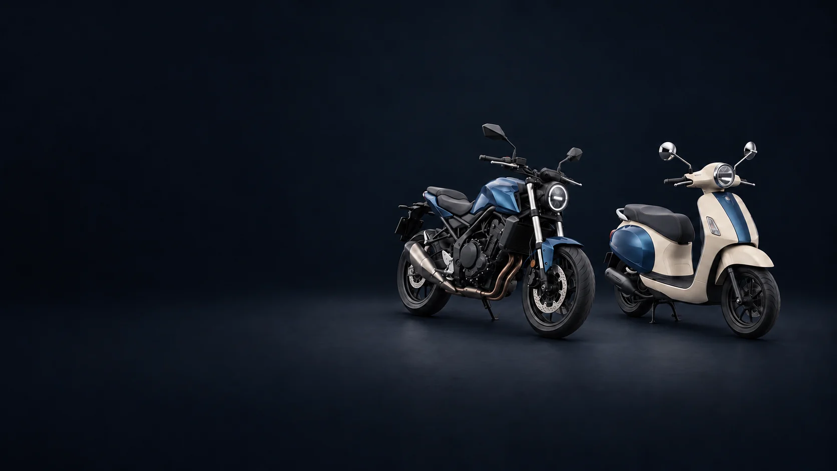 A blue road motorcycle and an ivory seated motor scooter parked on stands. - Motorcycle Scooter Sales Meta ads research by Madgicx Labs