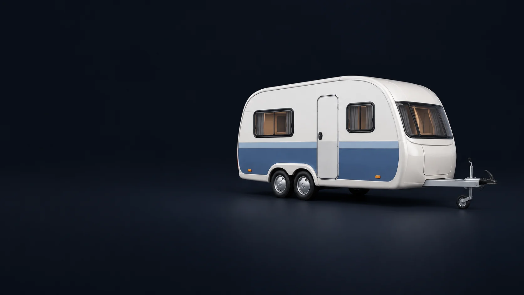An ivory-and-blue travel trailer with a complete tow hitch and jockey wheel. - Recreational Vehicle Sales Meta ads research by Madgicx Labs