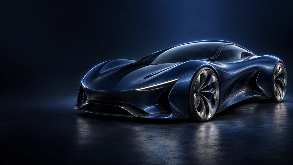 A sculpted dark blue sports car with silver wheels on a reflective dark floor. - Vehicle Sales & Transportation Products Meta ads research by Madgicx Labs