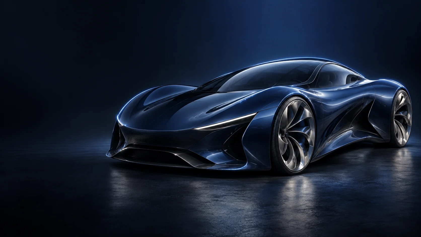 A sculpted dark blue sports car with silver wheels on a reflective dark floor. - Vehicle Sales & Transportation Products Meta ads research by Madgicx Labs