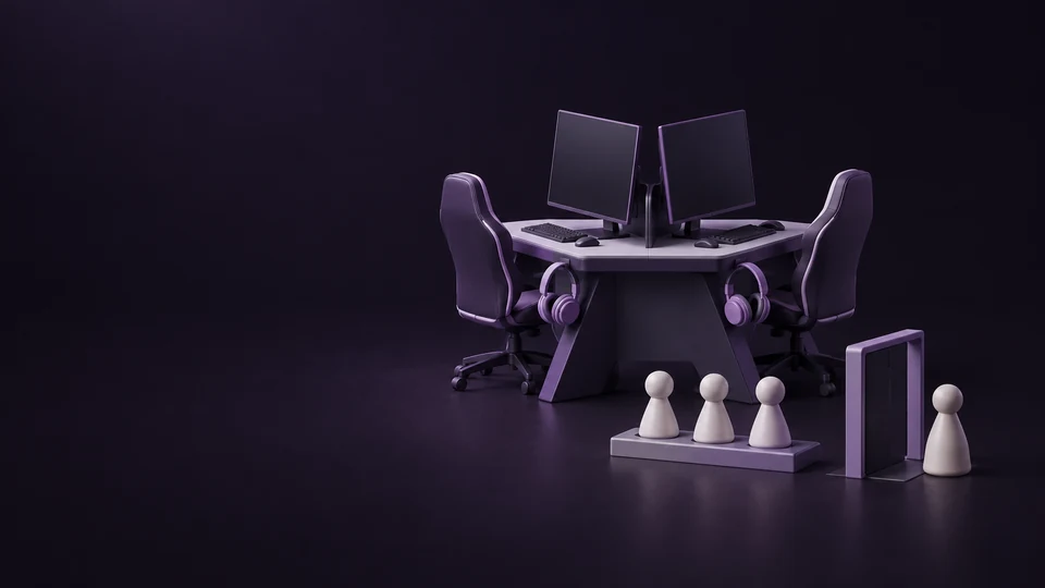 Two blank-screen gaming stations beside a player roster and a separate entry gate. - Video Games & Esports Meta ads research index