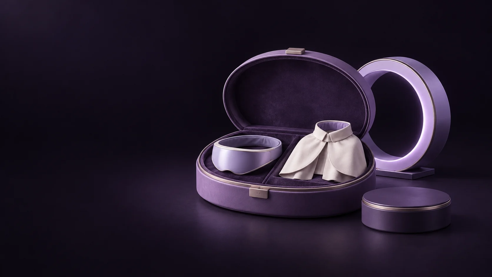 An open cosmetic-content chest with an original visor and cape beside a ring and platform dock. - Gaming Content Addons Meta ads research by Madgicx Labs