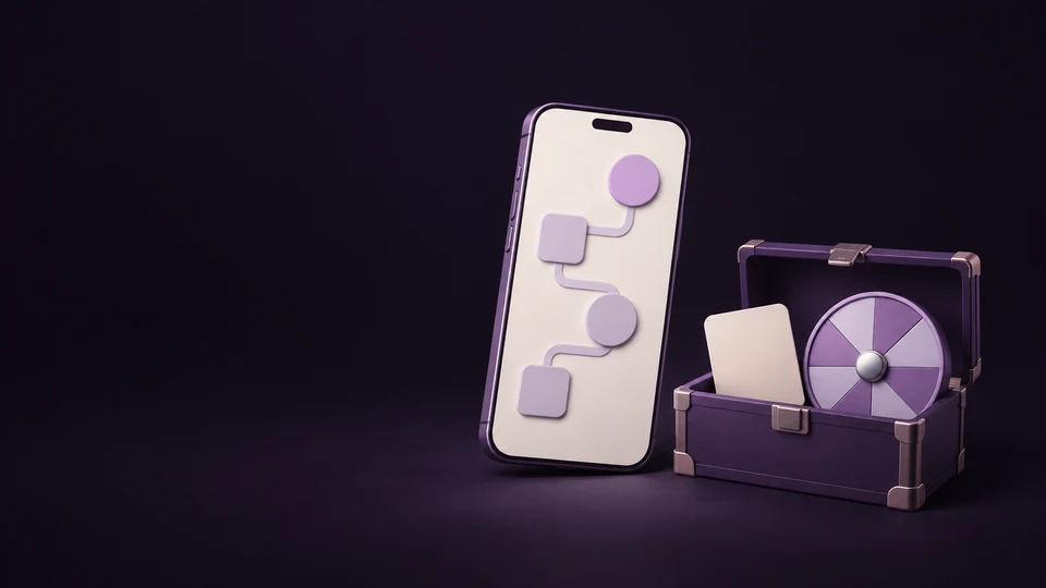 A phone with an abstract progression path beside an inventory chest and season wheel. - Video Games & Esports Meta ads research index