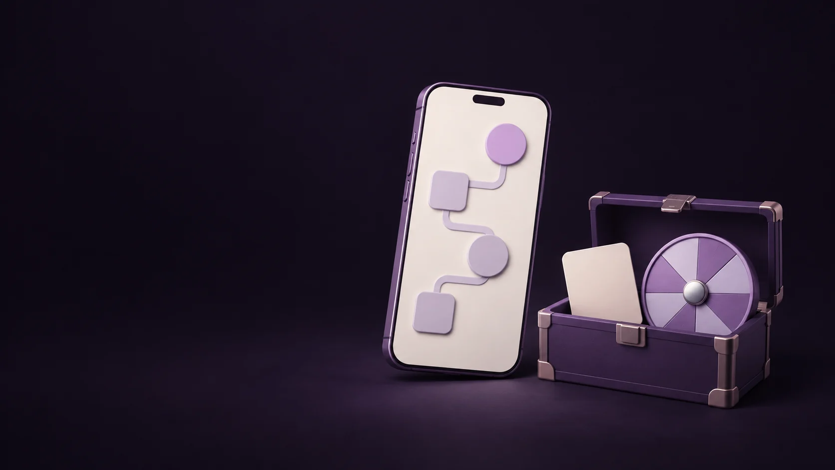 A phone with an abstract progression path beside an inventory chest and season wheel. - Mobile Gaming Apps Meta ads research by Madgicx Labs