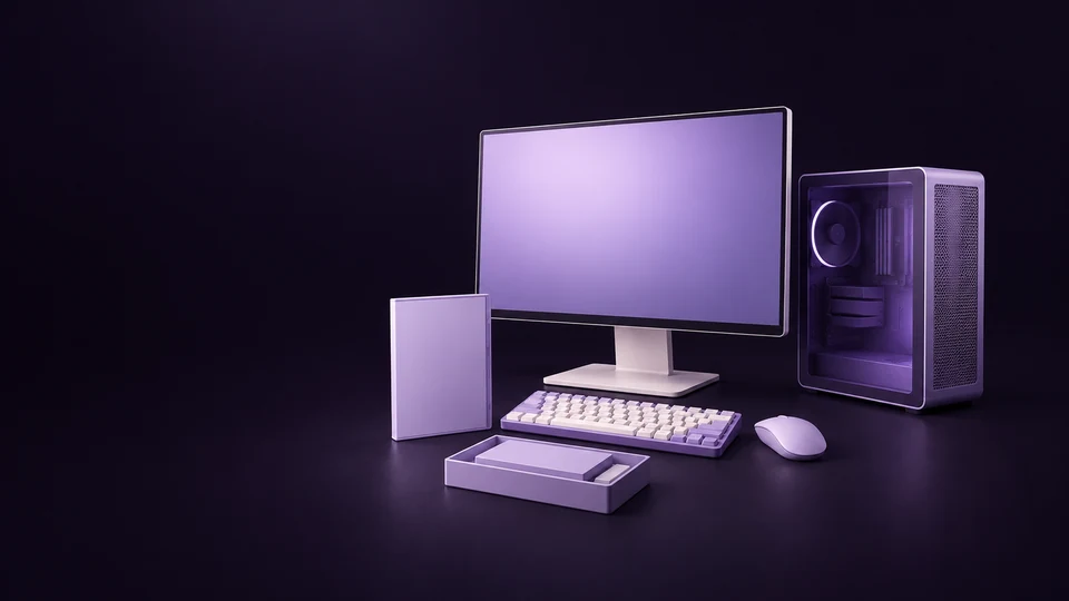 A blank desktop computer setup with keyboard, computer mouse, game sleeve and bundle tray. - Video Games & Esports Meta ads research index