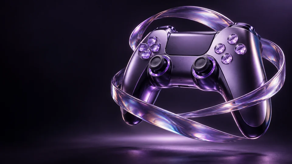 A violet game controller encircled by translucent iridescent ribbons above a dark surface. - Video Games & Esports Meta ads research by Madgicx Labs