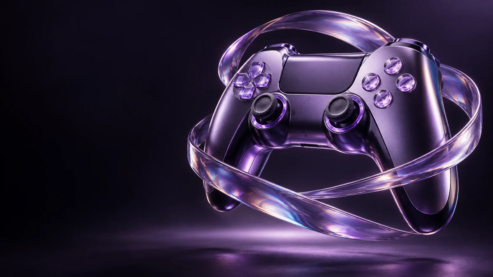 A violet game controller encircled by translucent iridescent ribbons above a dark surface. - Video Games & Esports Meta ads research by Madgicx Labs